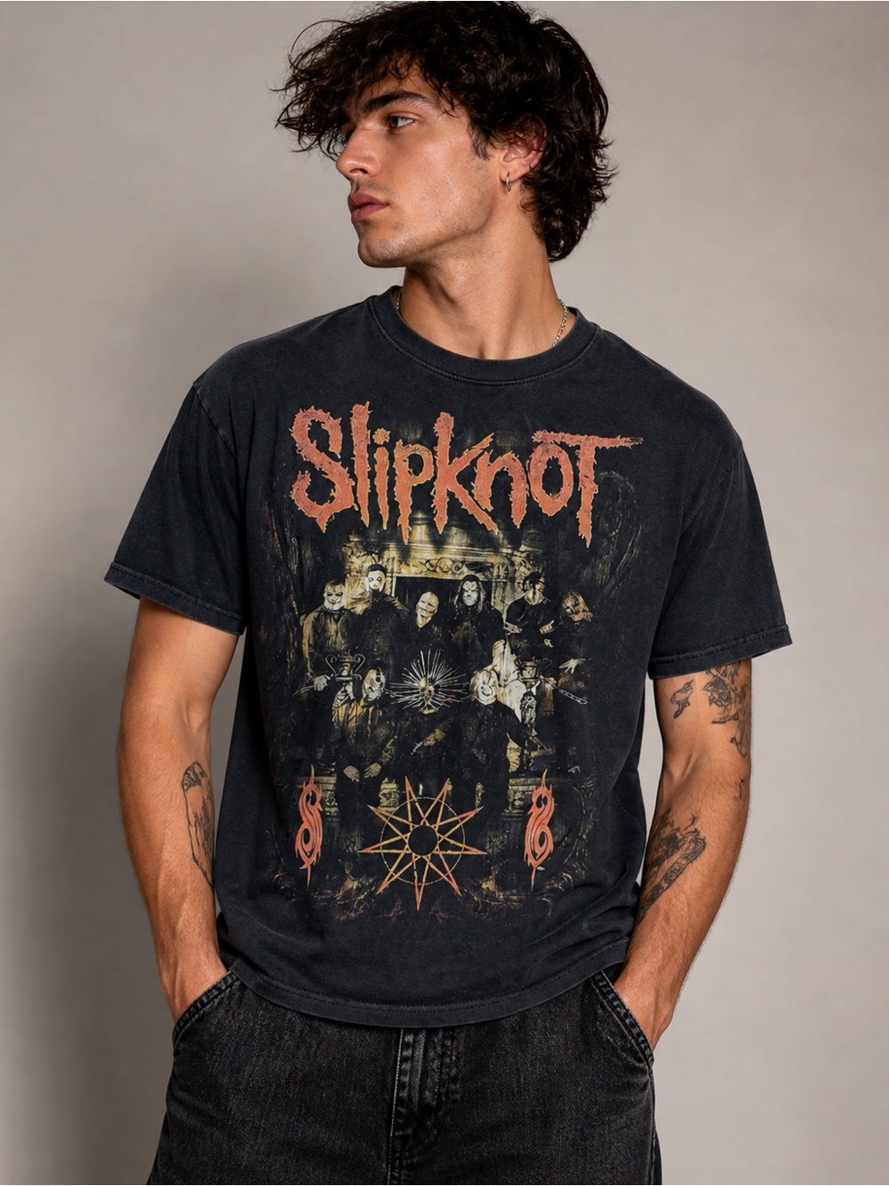 Slipknot Graphic Band Tee Black Gildan Heavy Cotton Distressed Unisex YXL/AS